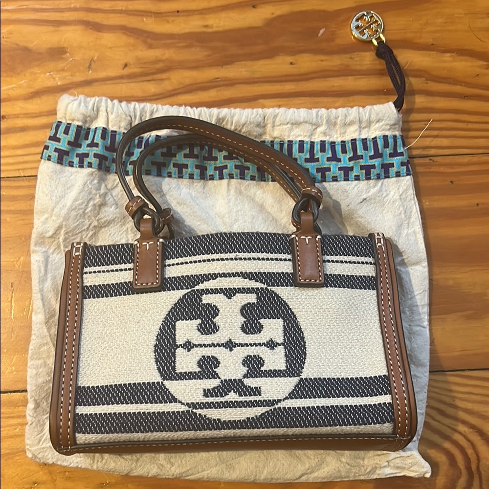 Tory Burch Tan and Blue Satchel with Iconic Design